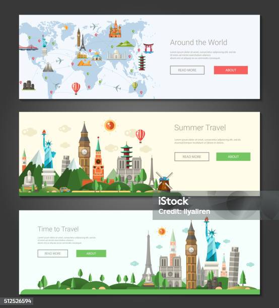 Flat Design Banners Headers Set Illustration With World Famous Landmarks Stock Illustration - Download Image Now