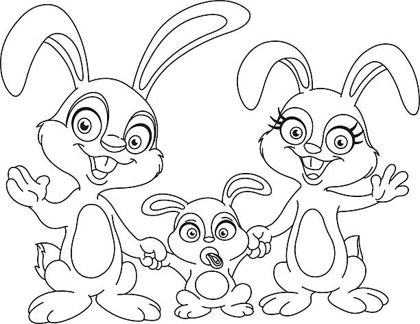 ilustrações de stock, clip art, desenhos animados e ícones de descritos coelhinhos família - line art welcome sign white black