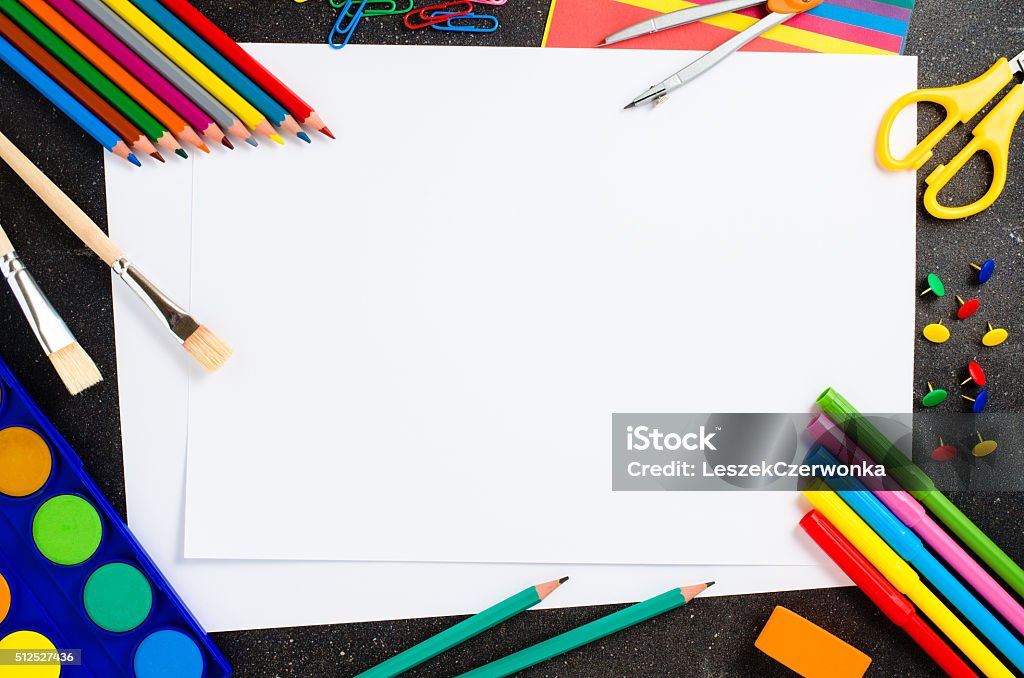 School supplies on dark table School supplies on dark table. Top view Craft Stock Photo