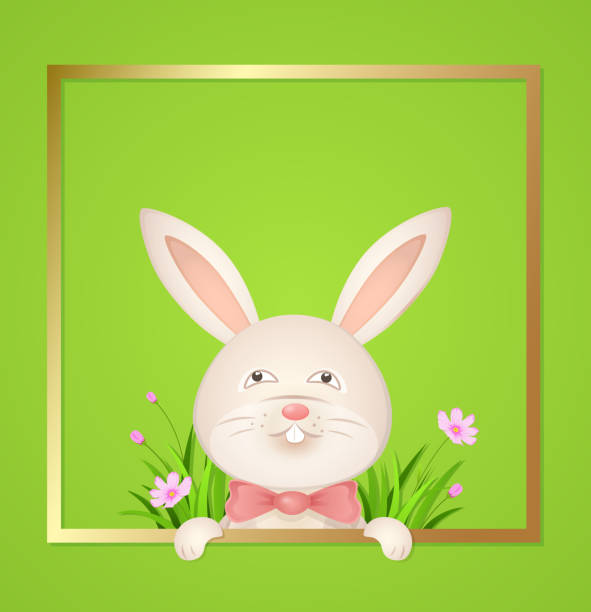 Rabbit with a red bow Rabbit with a red bow on a green background. Easter card. Vector illustration. EPS 10 file, contains transparencies. style grass family green background temperate flower stock illustrations