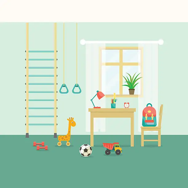 Vector illustration of Kid room interior. Sports equipment. Flat style vector illustration.