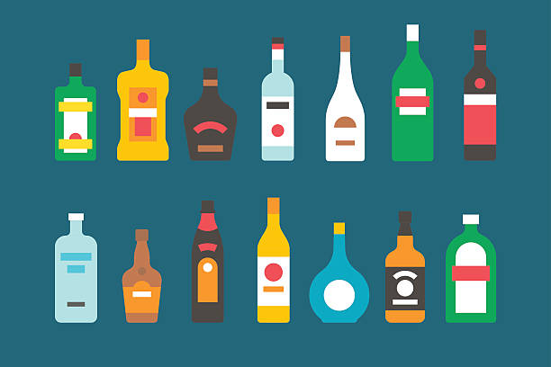 ilustraciones, imágenes clip art, dibujos animados e iconos de stock de frascos de diseño plano de alcohol - wine bar beer bottle beer