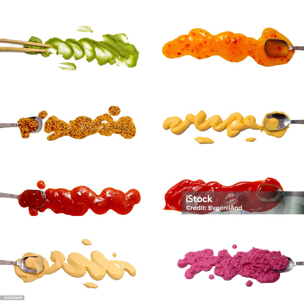 Set of 8 savory sauces and dips isolated on white Spoons dipped in the sauces. Wasabi, mustard, salsa, mayonnaise, sweet and sour sauce, cheese sauce, ketchup, horseradish red sauce. Set for menu. flat lay, top view Drop Stock Photo