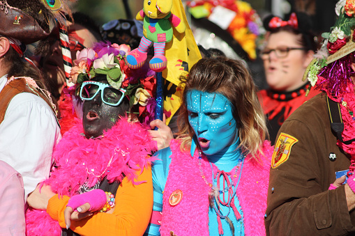 Nice, France - February 21, 2016: Woman Wearing an Avatar Neytiri Costume with Blue Face Paint in the Parade Float during the Carnival of Nice (Corso Carnavalesque 2016) in French Riviera. The Theme for 2016 was King of Media