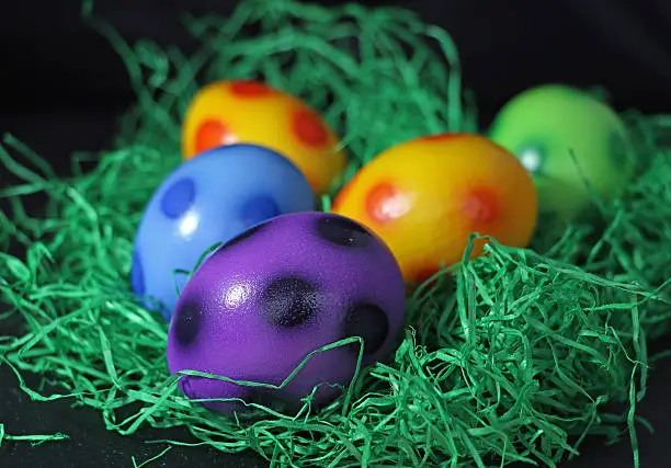 A group of nicely-colored Easter eggs arranged with Easter basket grass.