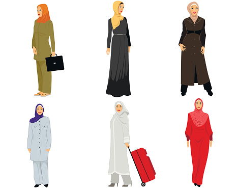 Vector illustration of a six modern muslim women