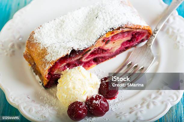 Plate With Cherry Strudel Closeup Stock Photo - Download Image Now - Baked, Baking, Berry Fruit