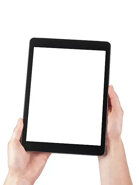 Tablet held in the women hands on a white background