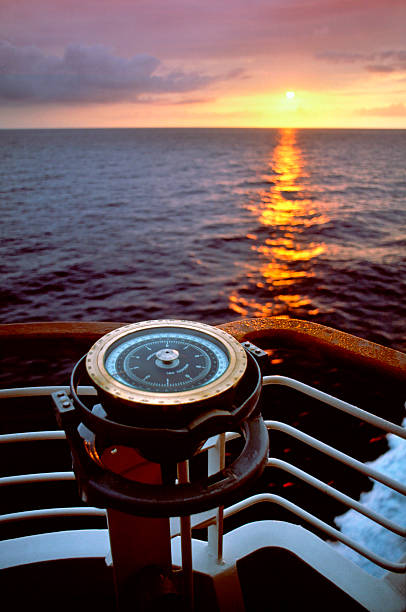 Ships Compass Ships compass with sunset in background. nautical compass stock pictures, royalty-free photos & images