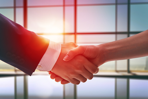 Closeup shot of two unrecognisable businesspeople shaking hands in an office