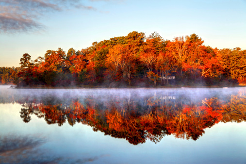 Autumn mist on a small pond in Plymouth, Massachusetts