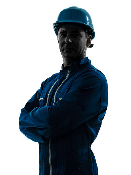 man construction worker smiling friendly silhouette portrait stock photo