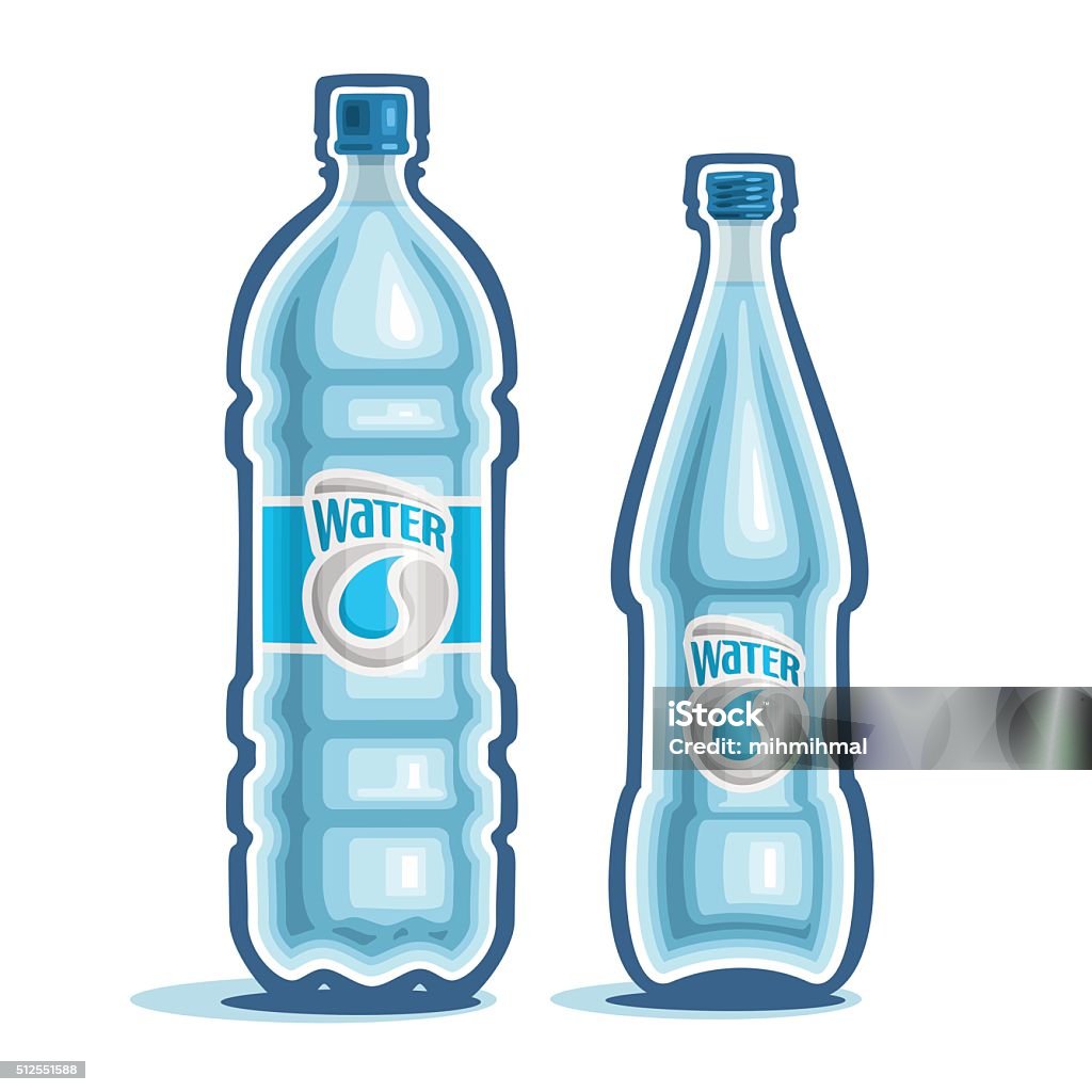 Vector illustration on the theme of the logo for bottled water Vector illustration on the theme of the logo for bottled water, consisting of a closed plastic bottle of drinking water, and a glass bottle with pure mineral water on a white background Abstract stock vector