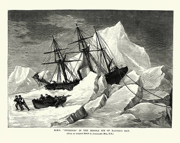 Vintage engraving showing a scene from the Arctic expedition of Admiral Sir Edward Belcher. The HMS Intrepid in the Middle Ice of Baffin's Bay. 1854