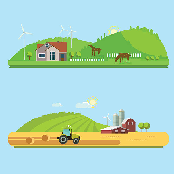 wiejskich krajobrazy z pola i wzgórza i ciągnika - agriculture field tractor landscape stock illustrations