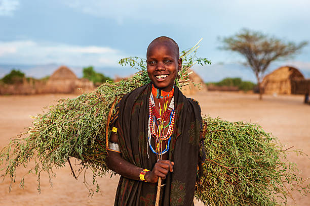 mujer joven de erbore tribe transporte de césped, etiopía, áfrica - village africa ethiopian culture ethiopia fotografías e imágenes de stock