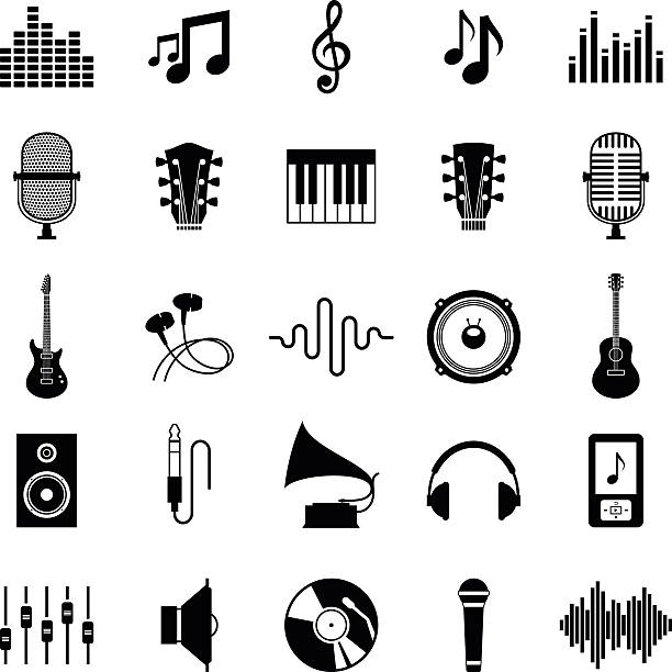 ilustrações, clipart, desenhos animados e ícones de conjunto de vetor ícones isolado no branco de música - instrumento musical