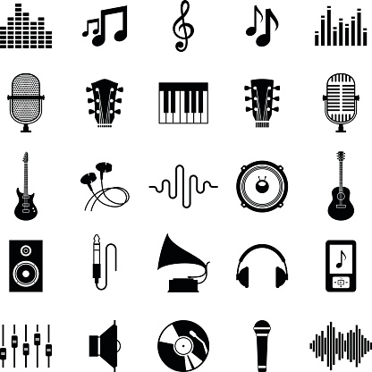 Set of vector music icons. Music icons for audio store, recording studio label, podcast and radio station, branding and identity.