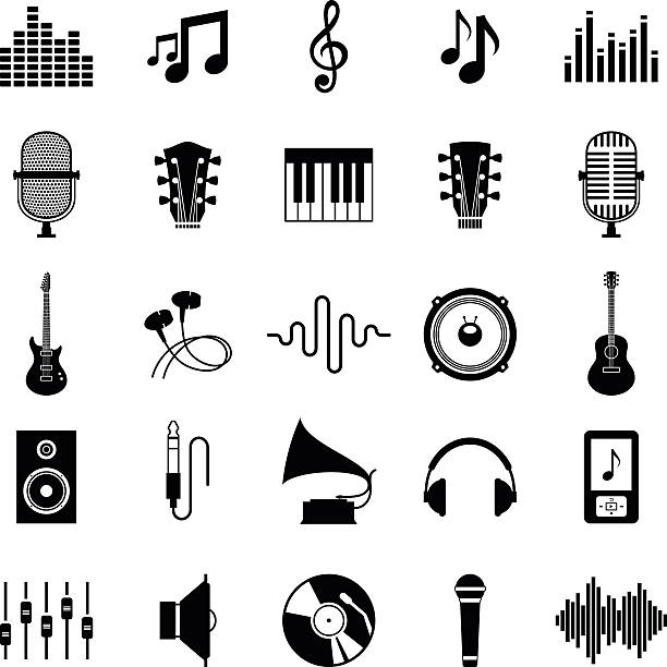Set of Vector Music Icons Isolated on White Set of vector music icons. Music icons for audio store, recording studio label, podcast and radio station, branding and identity. microphone silhouettes stock illustrations