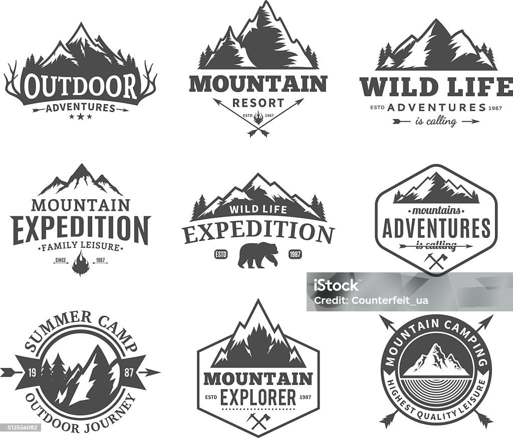 Set of vector mountain and outdoor adventures labels Set of vector mountain and outdoor adventures labels. Tourism, hiking and camping labels. Mountains and travel icons for tourism organizations, outdoor events and camping leisure. Woodland stock vector