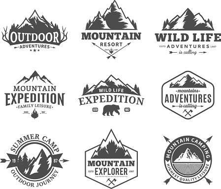 Set Of Vector Mountain And Outdoor Adventures Labels Stock Illustration ...