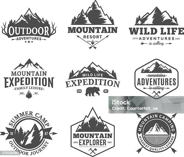 Set Of Vector Mountain And Outdoor Adventures Labels Stock Illustration - Download Image Now