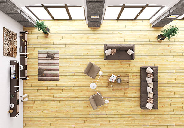 Top view of living room interior 3d render Top view of modern living room interior with sofa and armchairs 3d render. All images, photos, pictures used in this interior are my own works, all rights belong to me. living room interior top view 3d render stock pictures, royalty-free photos & images