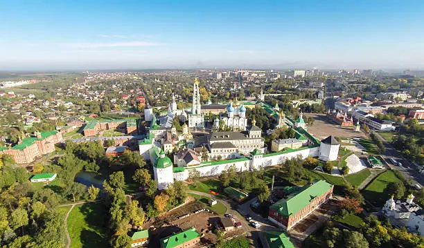 Aerial panoramic view the Trinity Lavra of St. Sergius in Sergiev Posad, Russia.