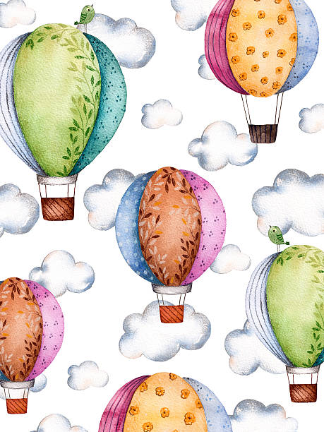 Watercolor pattern with air balloons and clouds in pastel colours Watercolor pattern with air balloons and clouds in pastel colours.Handpainted air ballons beautifully decorated on with background with pastel clouds and little bird.Perfect for wallpaper,kids texture watercolor hot air balloon stock illustrations