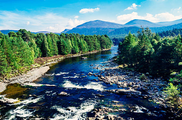 River Dee at Invercauld, two miles east of Braemar in the Grampian region of Scotland looking towards Royal Deeside. The distant mountain right of centre is Lochnagar. AdobeRGB colorspace.