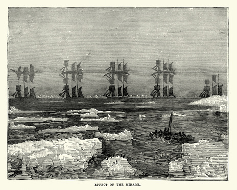 Vintage engraving showing the effect of a mirage in the Arctic. 19th Century