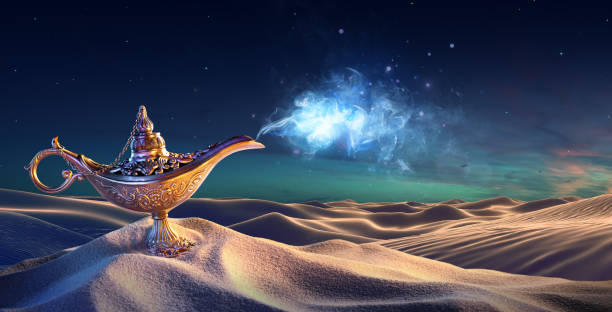 Lamp of Wishes In The Desert Genie Coming Out Of The Bottle arabian desert stock pictures, royalty-free photos & images