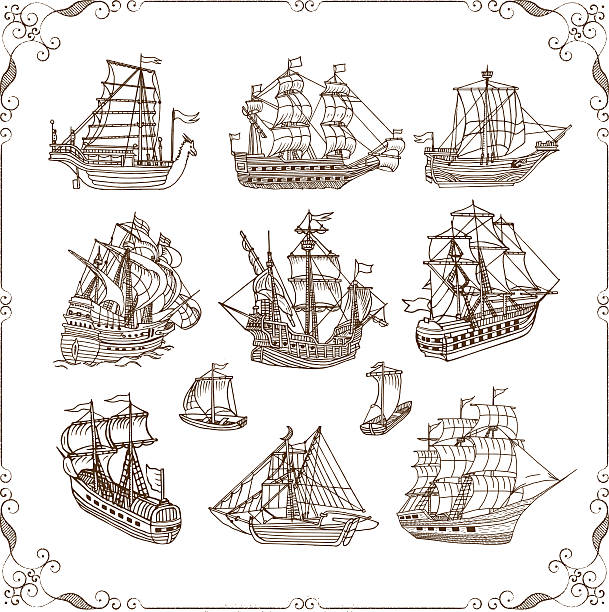 alten segeln schiffe kritzeleien satz - brigantine sailing ship old nautical vessel stock-grafiken, -clipart, -cartoons und -symbole
