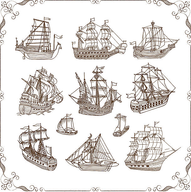 ilustrações, clipart, desenhos animados e ícones de velha vela navios rabiscos conjunto - galleon