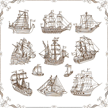 Old sailing ships doodles set. Vector illustration. 