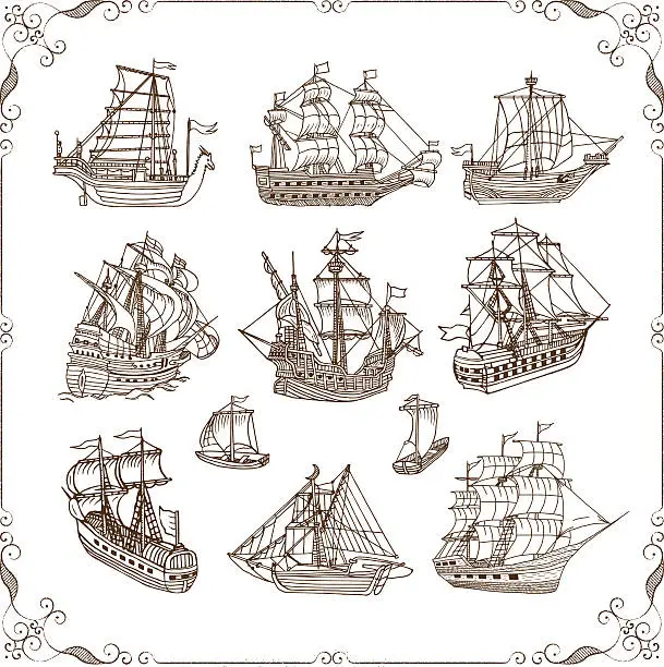 Vector illustration of Old Sailing Ships Doodles Set