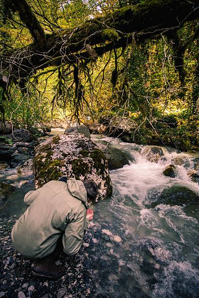 istock Man Traveler drinking water river wild nature 512575182