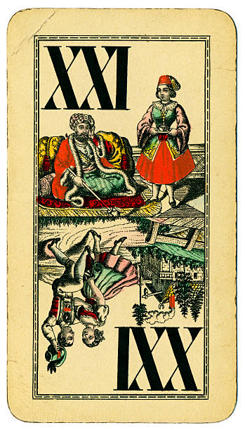 Trump XXI Tarot Austrian Taroch playing card 1900 This is Trump XXI (twenty one), a picture card from a pack of large Tarot cards (called Taroch or Tarok in German). Cards in this pack measure 74 x 129mm. Trump XXI shows an Eastern gentleman with hookah pipe attended by servant girl with cup and saucer. Vertical reverse shows a couple dancing outdoors. The history of Tarot goes back to 15th century Italy. There were 78 cards, including 21 'trump' cards and a 'fool' or 'skeench' dressed as a harlequin, which in modern packs would be called a joker. The large numbers of cards and the complicated rules led to a decline in the popularity of these Tarot card games. Austrian Taroch cards use French symbols (clubs, diamonds, hearts and spades), and a simplified pack numbering 54, which still includes the 21 trumps plus the fool. These make up the 22 'Taroch' cards. xxi stock pictures, royalty-free photos & images