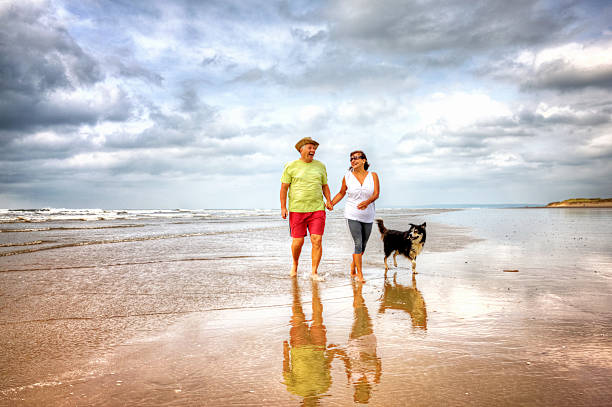 istock Mature laughing couple walking on the seashore 512576371