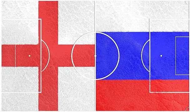 Flags of  European countries participating to the final tournament of Euro 2016 football championship. Football field textured by England and Russia national flags.
