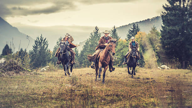 Three friends in cowboy clothing riding their horses across a meadow in the nature.