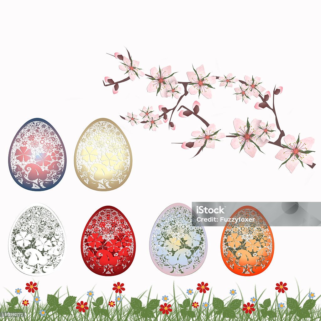 Easter set with traditional eggs. Traditional detailed eggs, flo Easter set with traditional eggs. Traditional detailed eggs, flowers, birds and sakura branch on white Clip Art stock illustration