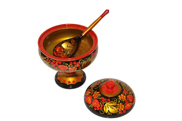bright and beautiful Khokhloma painted wooden utensils