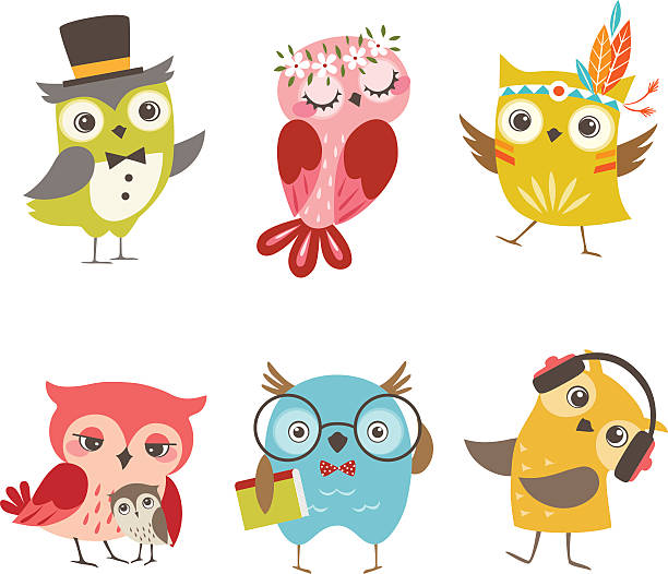 Funny owls Set of cute owls isolated on white background owl illustrations stock illustrations