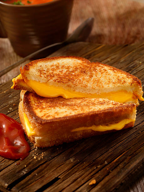 sanduíche de queijo grelhado com sopa de tomate - cheese sandwich - fotografias e filmes do acervo