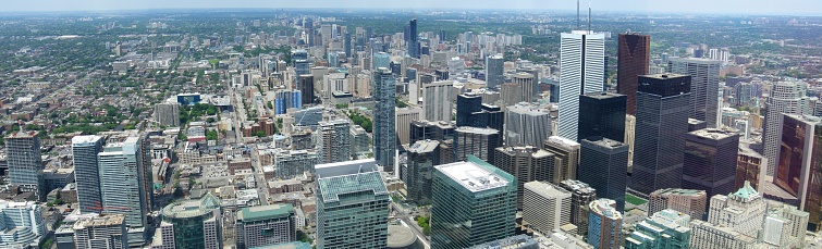 Aerial panrama of skyscrapers of Toronto, Canada.