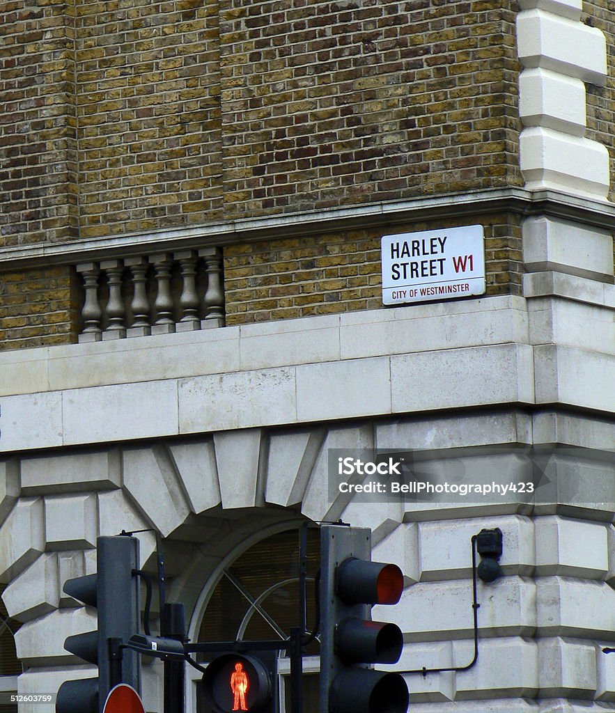 Harley Street The Harley Street sign in the City of Westminster.  The famous street is known for its prestigious doctors' clinics and private specialists in medicine and surgery London - England Stock Photo