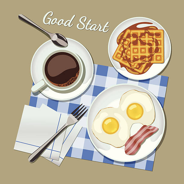 набор вид сверху завтрак - coffee fried egg breakfast toast stock illustrations