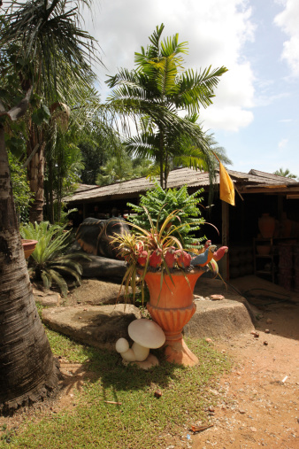 A pot with tropical flowers and with parrots and with grass and trees and stones  around this in the Nong Nooch tropical botanic garden near Pattaya city in Thailand