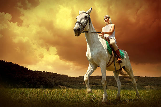 istock Young horsewoman riding on white horse, outdoors view 512606077